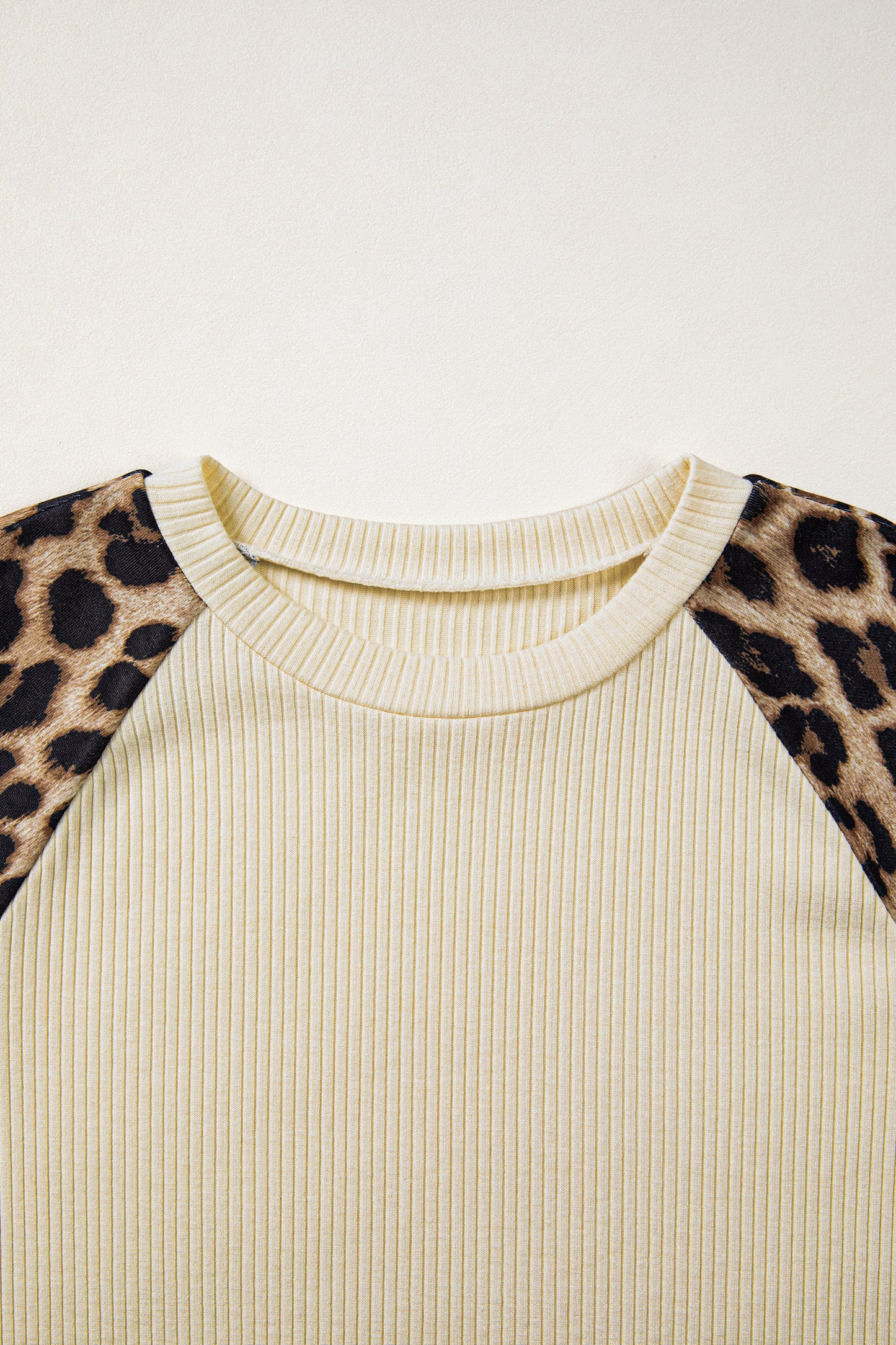 Apricot Ribbed Color Block Leopard Contrast Sleeve Loose Tee
