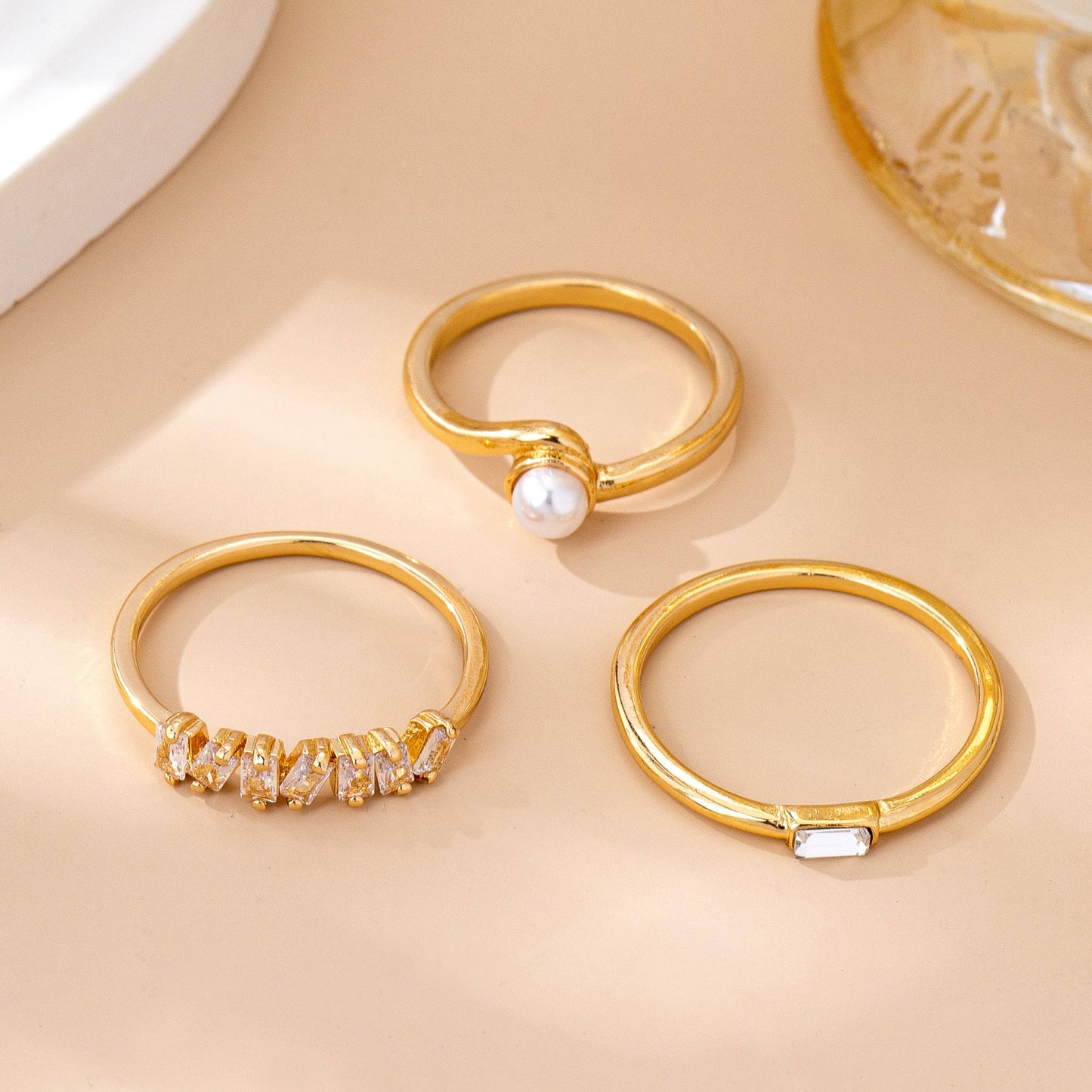 Pearl & Crystal Delicate Gold Ring Trio | 80R159