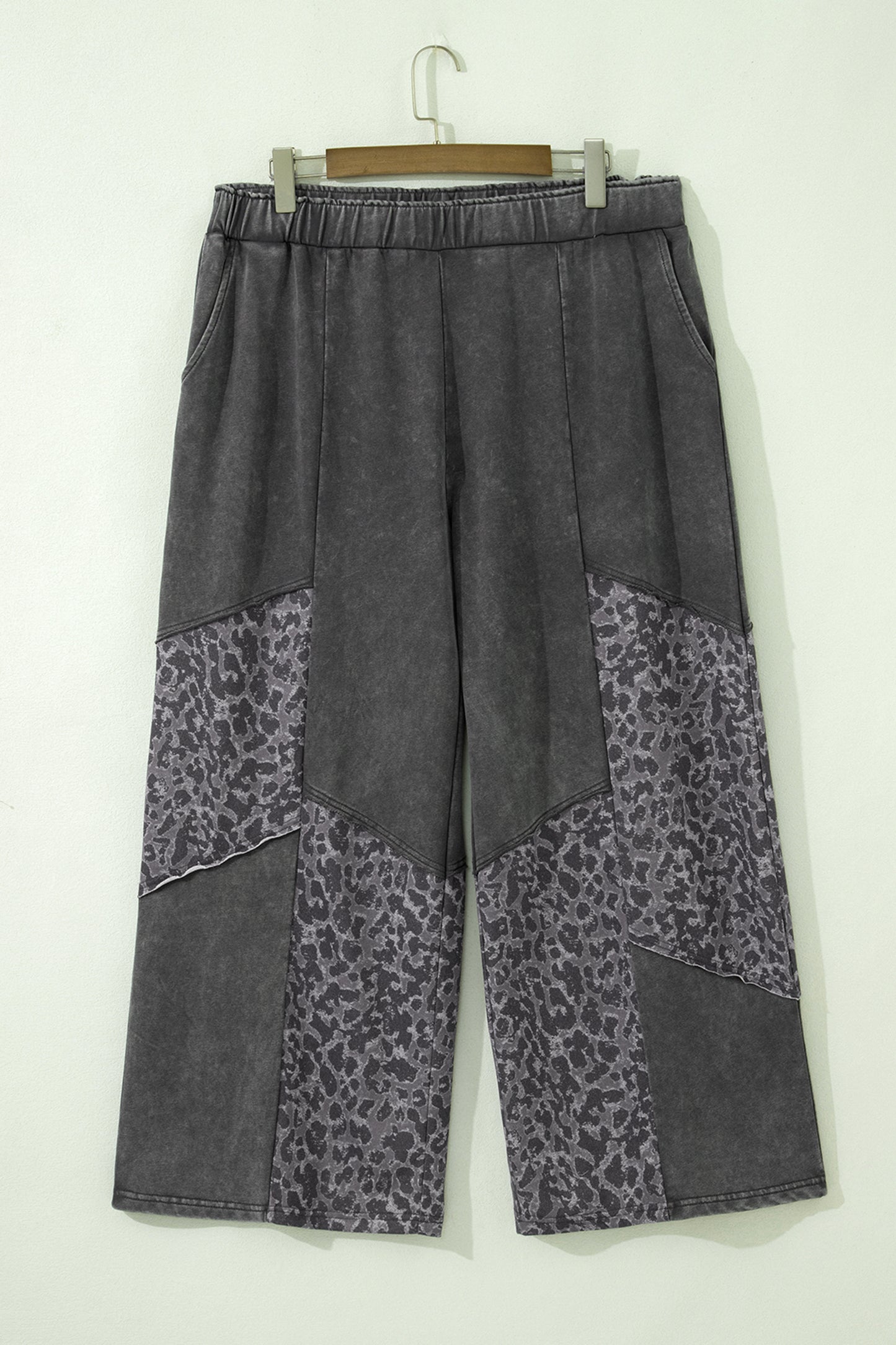 Dark Grey Plus Size Leopard Patchwork Mineral Wash Wide Leg Pants