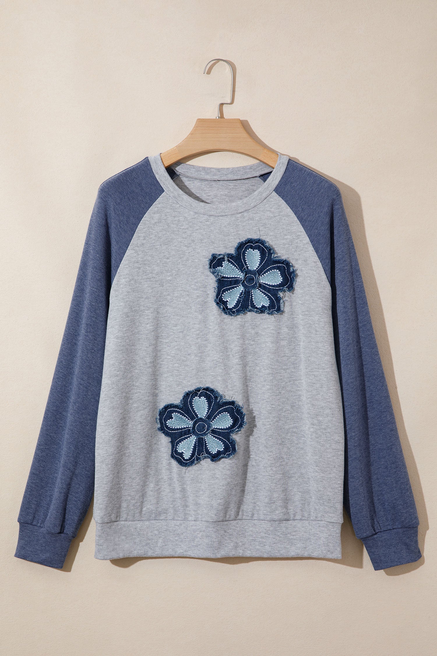 Dark Blue Color Block Flower Embroidered Patch Graphic Raglan Long Sleeve Top