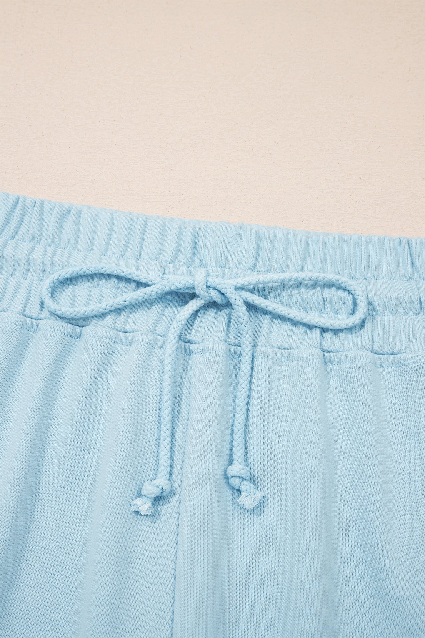 Mist Blue Solid Color Ribbed Trim Short Sleeve Top Drawstring Loose Pants 2pcs Outfit