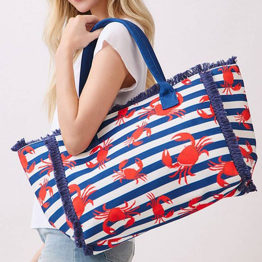 Crab Stripe Fringe Tote Bag
