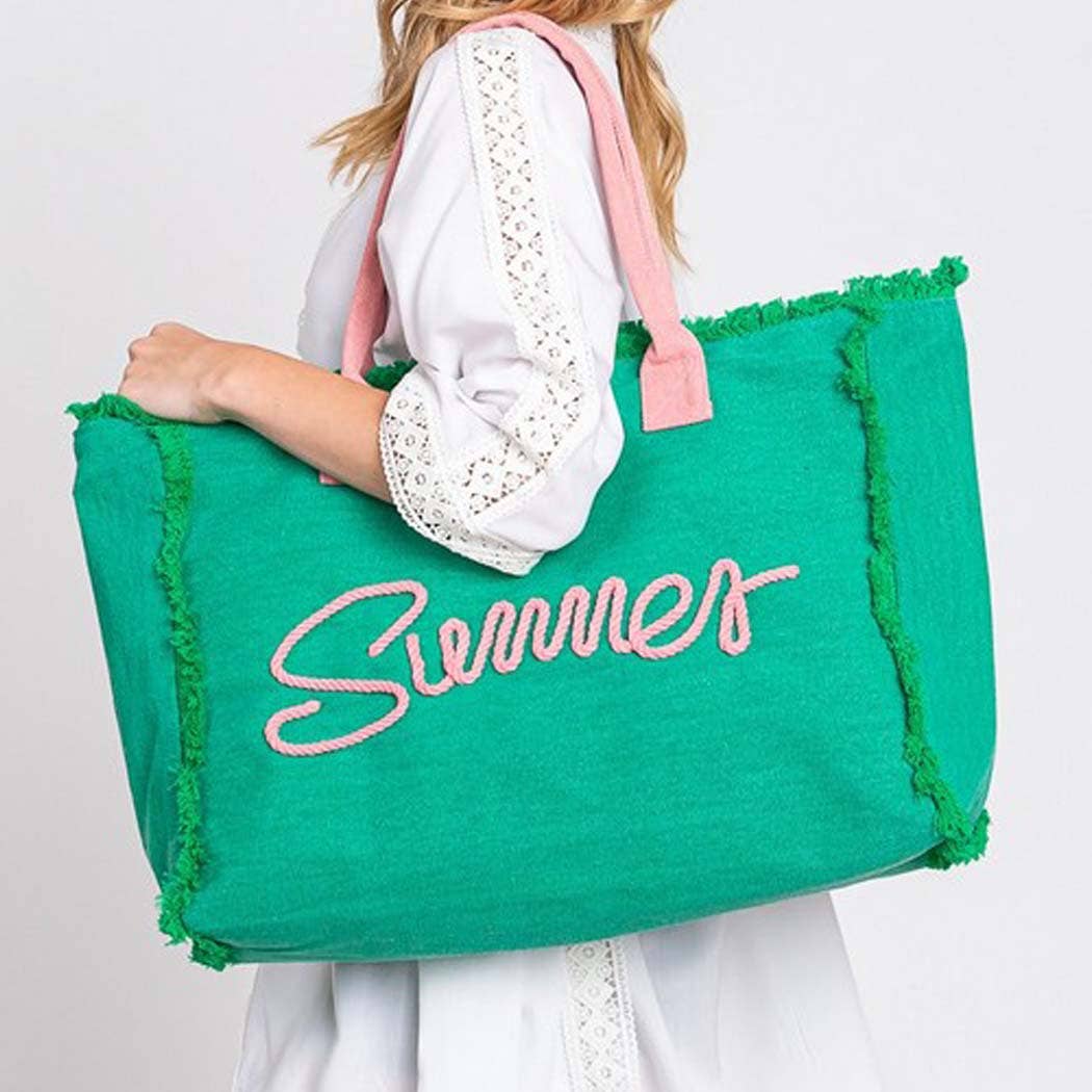 SEWN ROPE SUMMER LETTER FRINGED CANVAS BAG