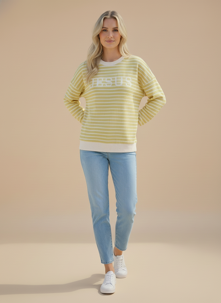 T-42286-"Jesus" cloudy knit stripe graphic l/s top