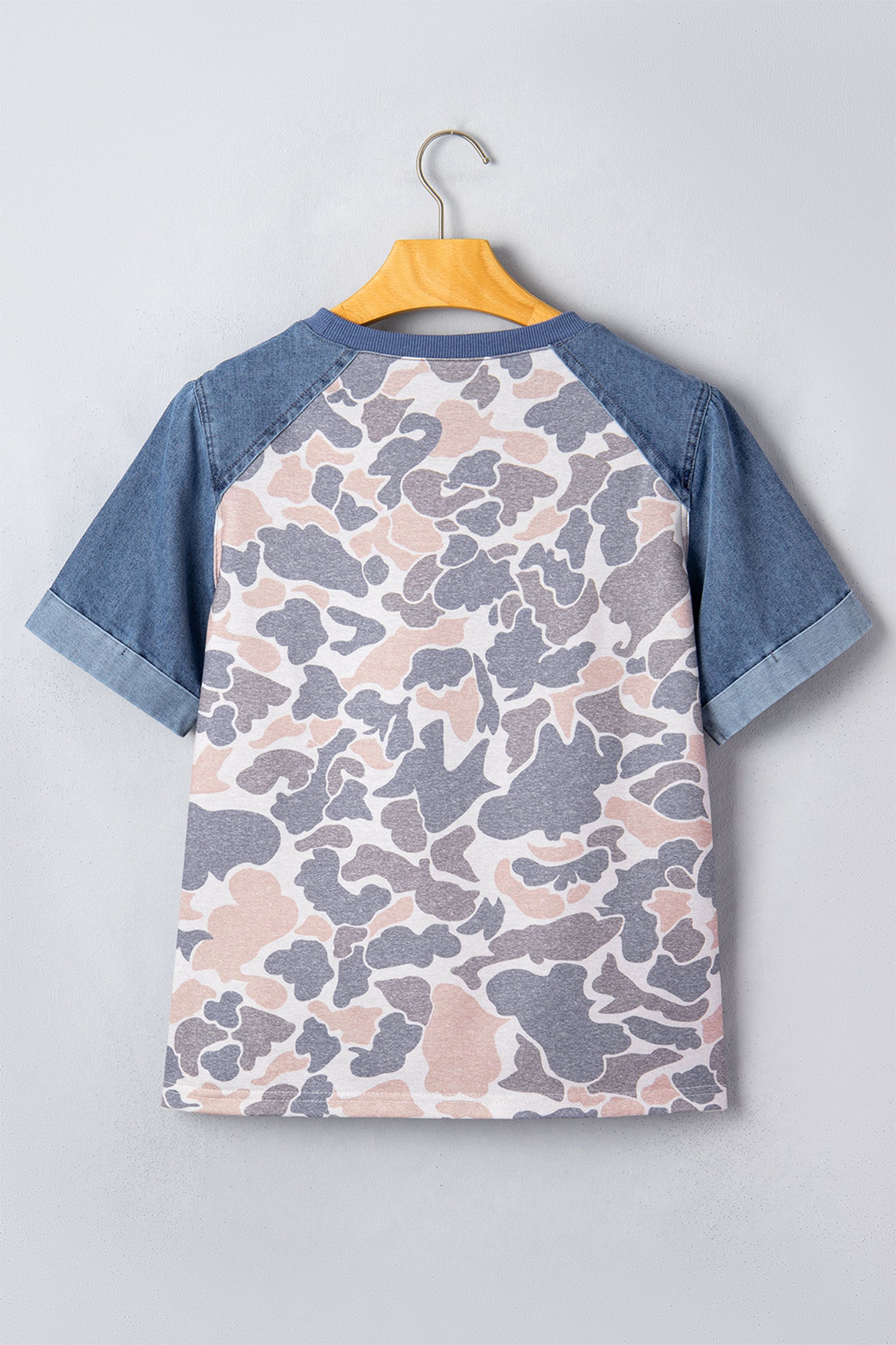 Multicolour Camouflage Print Denim Color Block Sleeve Casual Tee