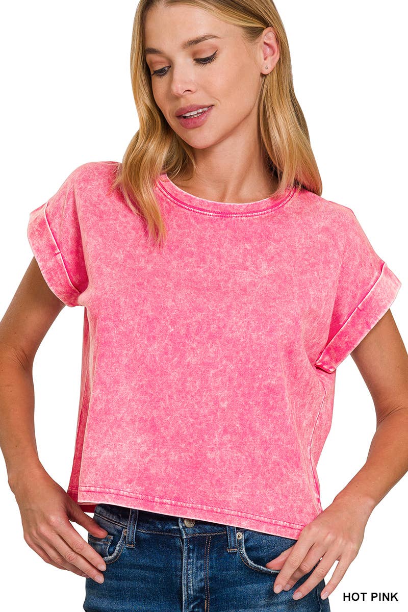 Zenana 100% Cotton Washed Cuffed Short Sleeve Tee
