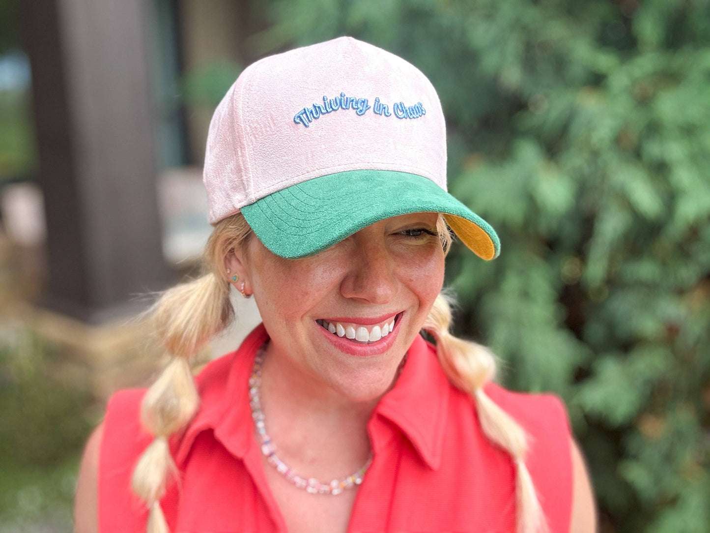 Embroidered Baseball Cap - "Thriving in Chaos" - Pink Suede