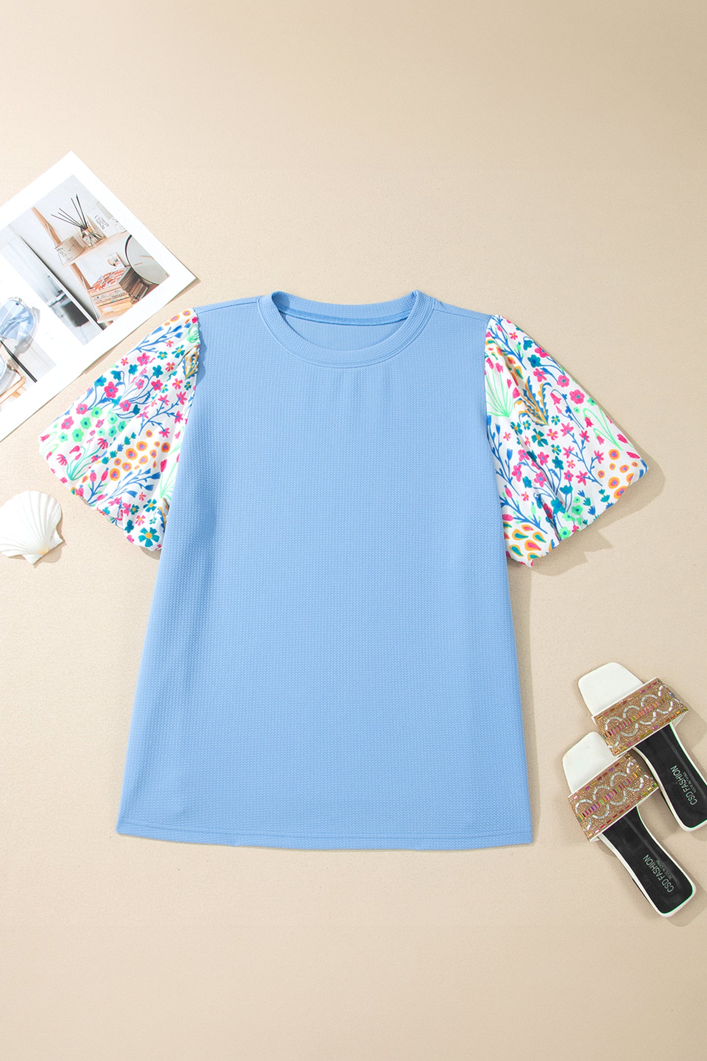Light Blue Textured Bodice Contrast Floral Sleeve Plus Size Top