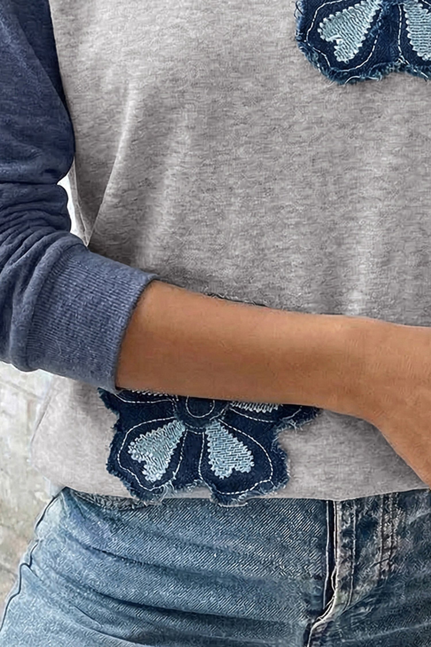 Dark Blue Color Block Flower Embroidered Patch Graphic Raglan Long Sleeve Top