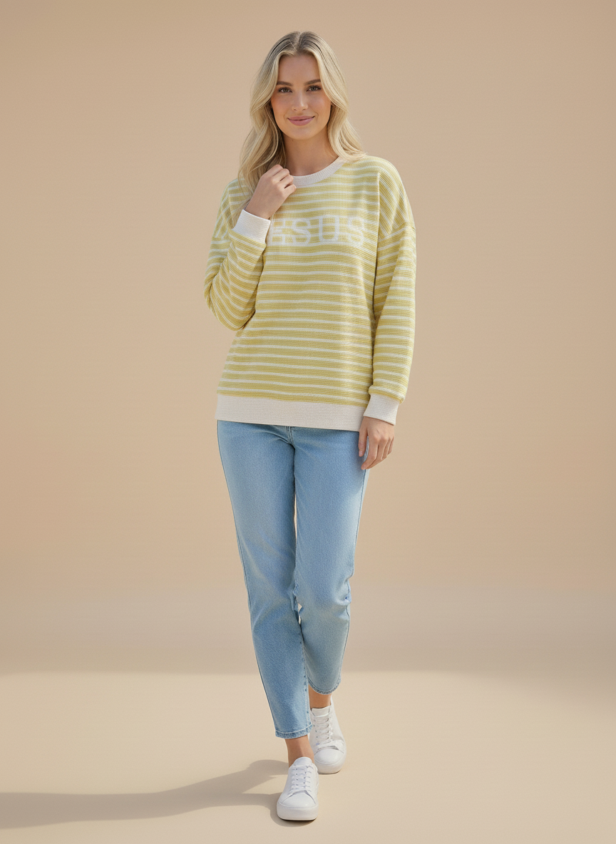T-42286-"Jesus" cloudy knit stripe graphic l/s top