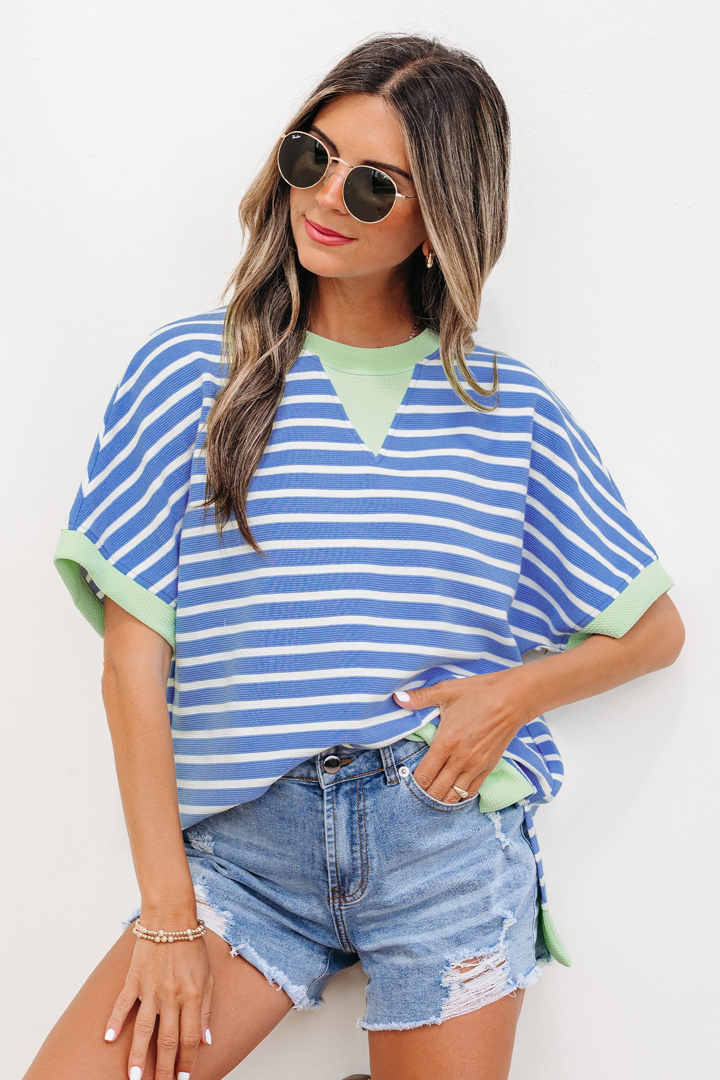 Sky Blue Stripe Contrast Trim Loose Short Sleeve Top