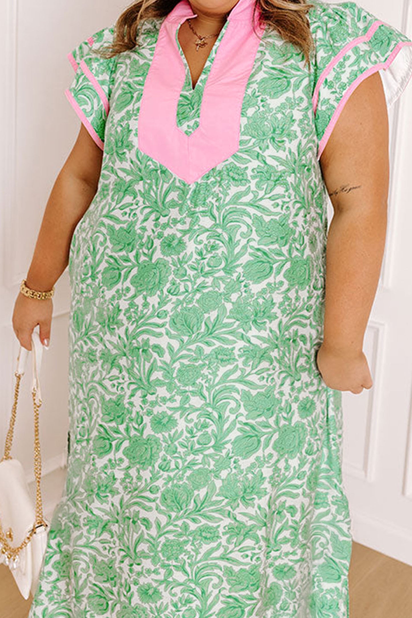 Green Plus Size Contrast Trim Flutter Sleeve Floral Kaftan Maxi Dress