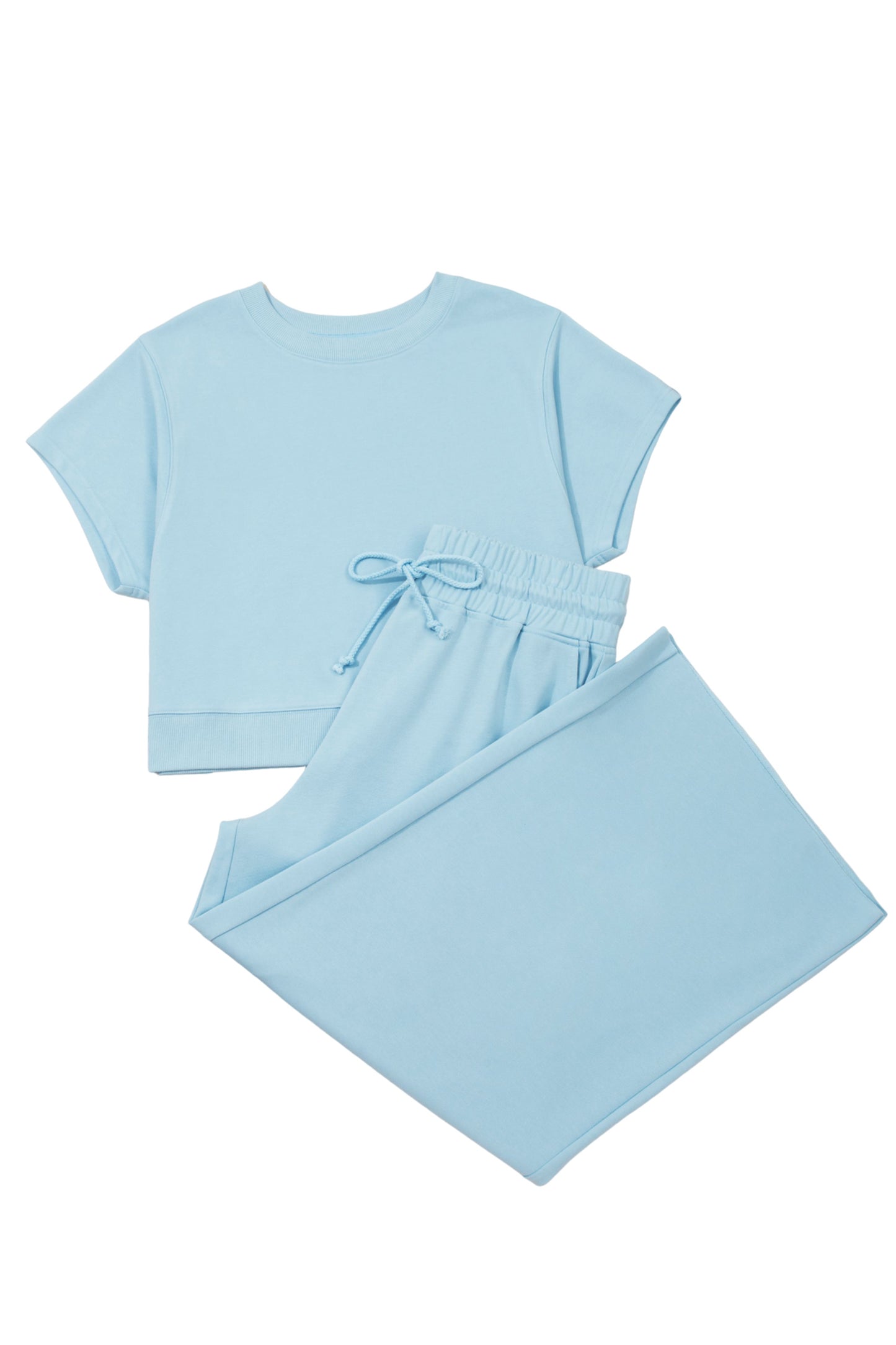 Mist Blue Solid Color Ribbed Trim Short Sleeve Top Drawstring Loose Pants 2pcs Outfit