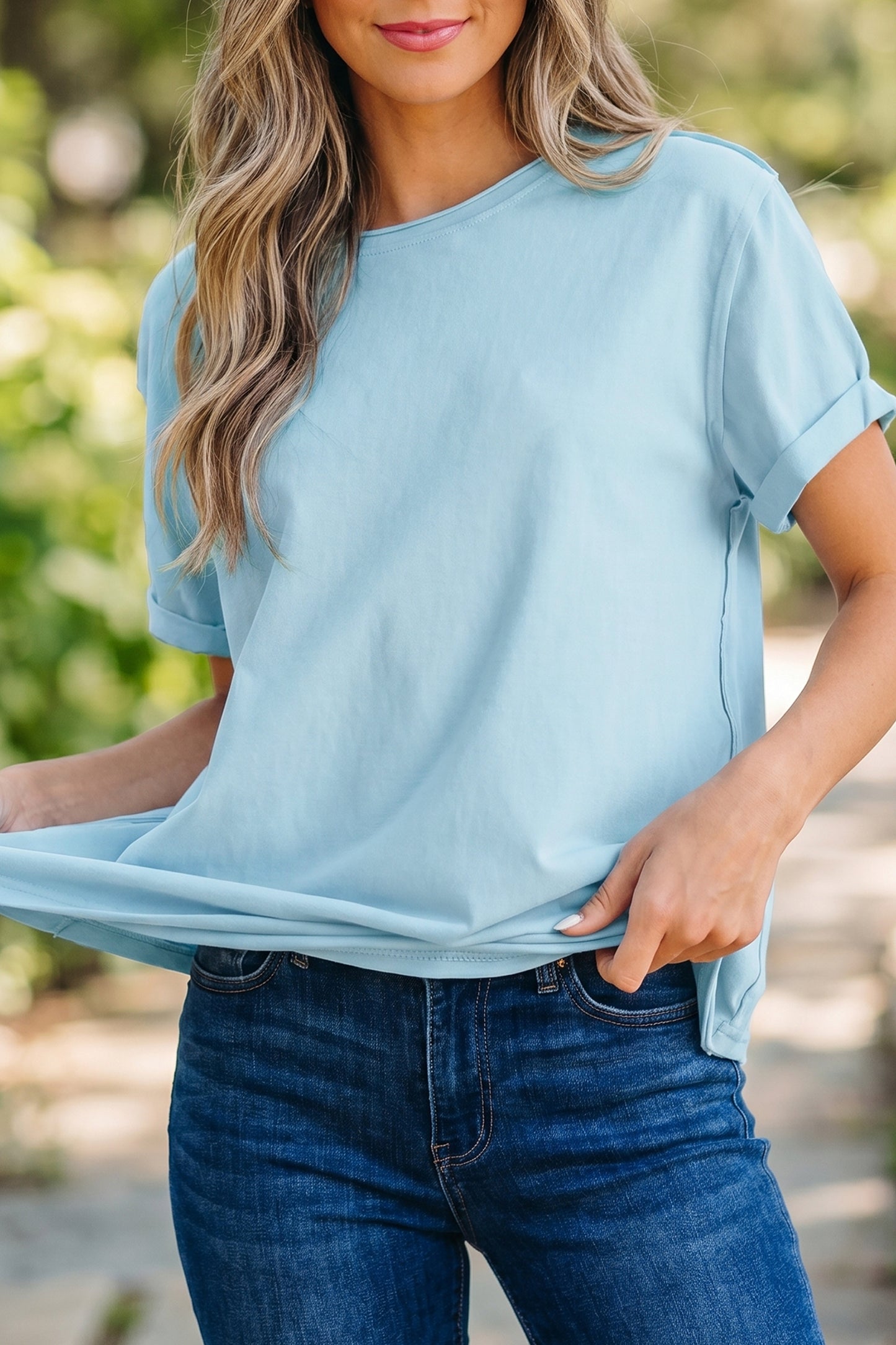Myosotis Solid Color Round Neck Casual T Shirt