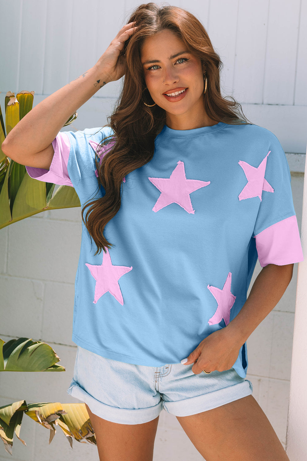 Smoke Green Frayed Denim Star Patched Oversize T Shirt